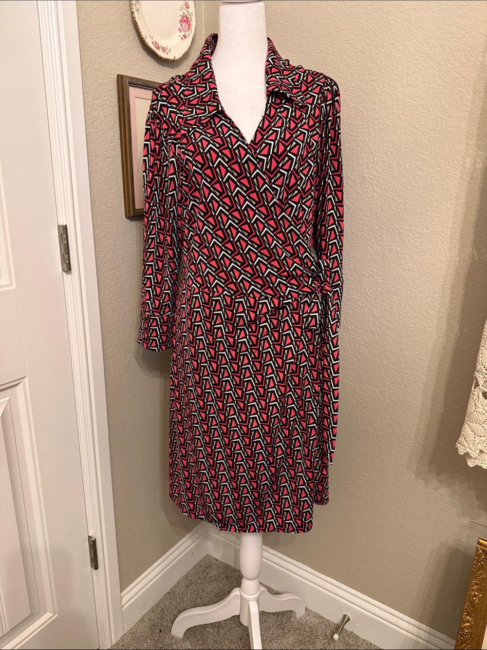 Laundry by Design Pink & Black Geometric Wrap Midi Dress